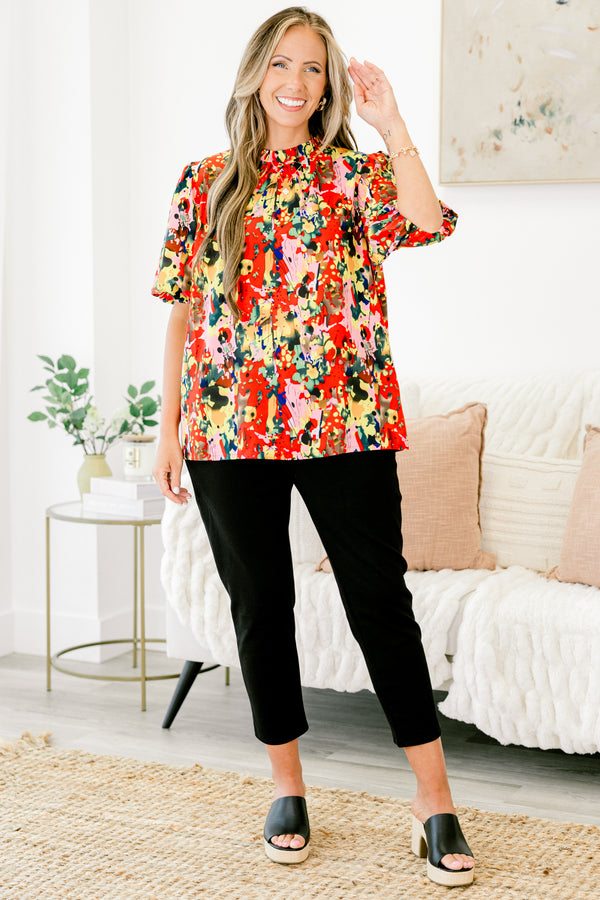 Chic Soul plus size clothing, abstract paint splatter patterned multicolor blouse including red and light pink and yellow and black plus pleated mock neck and short-bubble sleeves