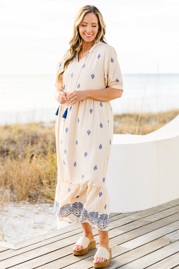 Chic Soul plus size clothing, puffed-short-sleeve ivory baby doll ruffled midi dress with a split-v-neckline with tassels and subtle navy blue paisley pattern 