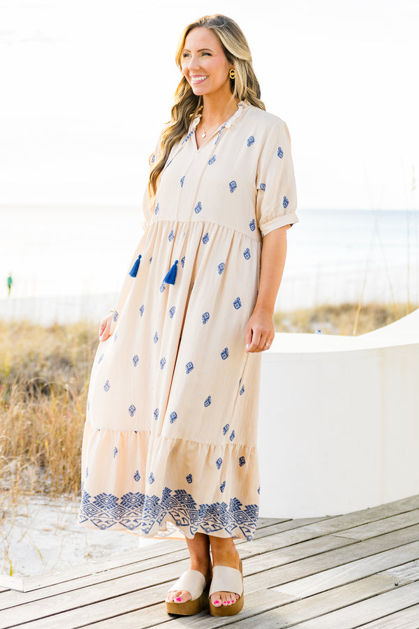 Chic Soul plus size clothing, puffed-short-sleeve ivory baby doll ruffled midi dress with a split-v-neckline with tassels and subtle navy blue paisley pattern 