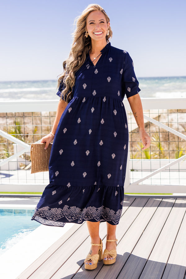 Chic Soul Plus size clothing, Navy Midi embroidered dress with a slight v-neck