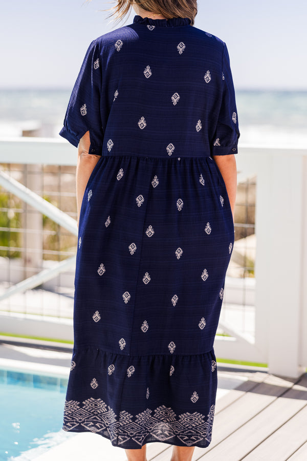 Chic Soul Plus size clothing, Navy Midi embroidered dress with a slight v-neck