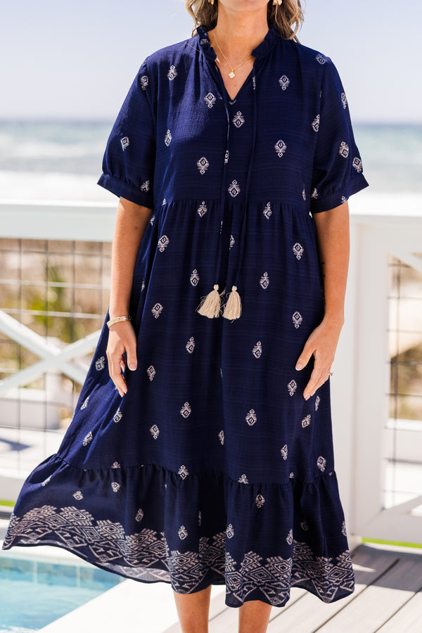 Chic Soul Plus size clothing, Navy Midi embroidered dress with a slight v-neck