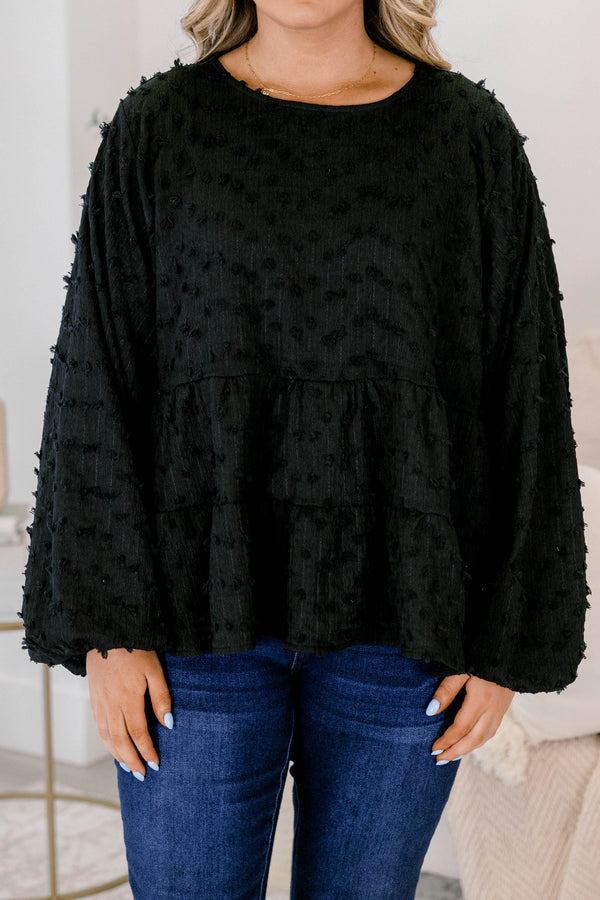 Chic Soul plus size clothing, black long sleeve babydoll top with texturing 