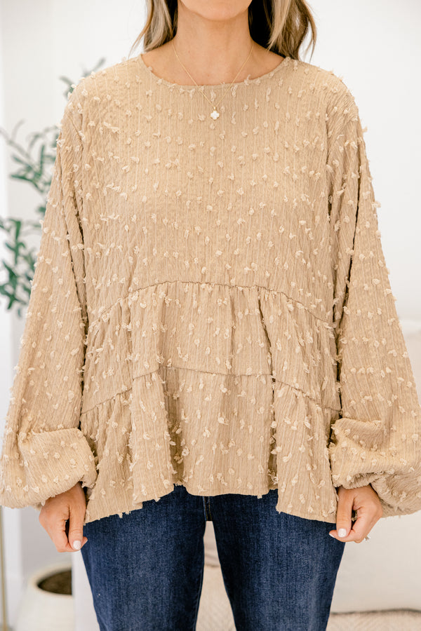 Chic Soul plus size clothing, brown long sleeve babydoll top with textured pattern throughout