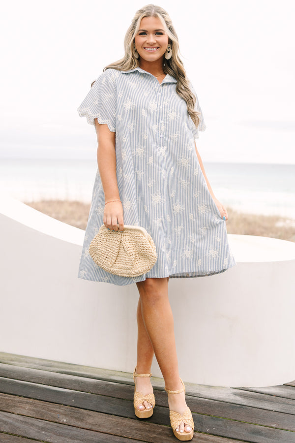 Chic Soul plus size clothing, blue striped knee length dress with short short sleeves buttons going down to the lower chest area as well as cream floral embroidery throughout the dress and along the bottom of each sleeve 
