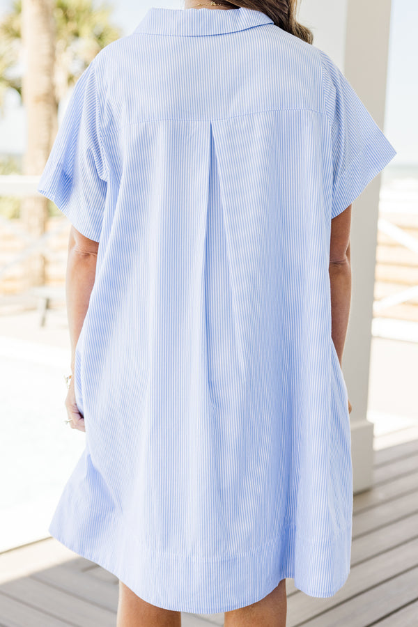 Chic Soul plus size clothing, short-sleeve blue and white striped collared and buttoned short dress 