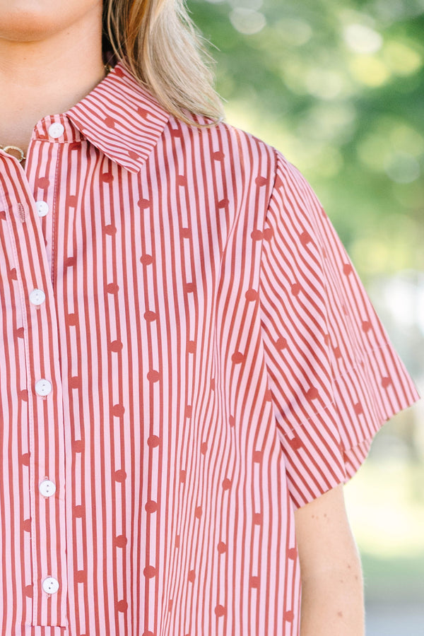Plus Size red and white striped cotton shirt dress with short sleeves and a button-down collar.