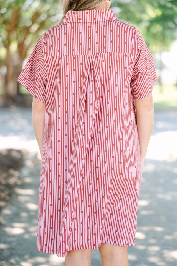 Plus Size red and white striped cotton shirt dress with short sleeves and a button-down collar.
