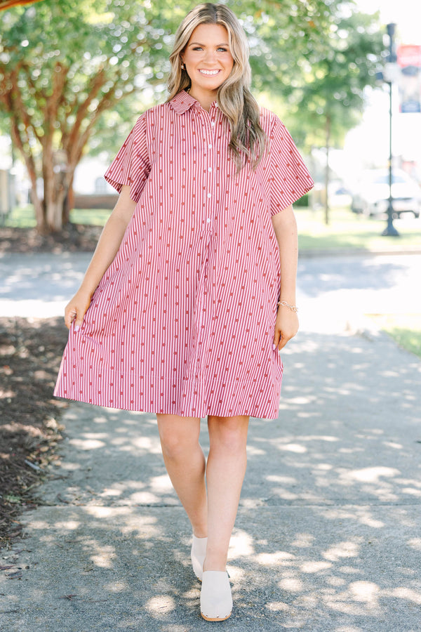 Plus Size red and white striped cotton shirt dress with short sleeves and a button-down collar.