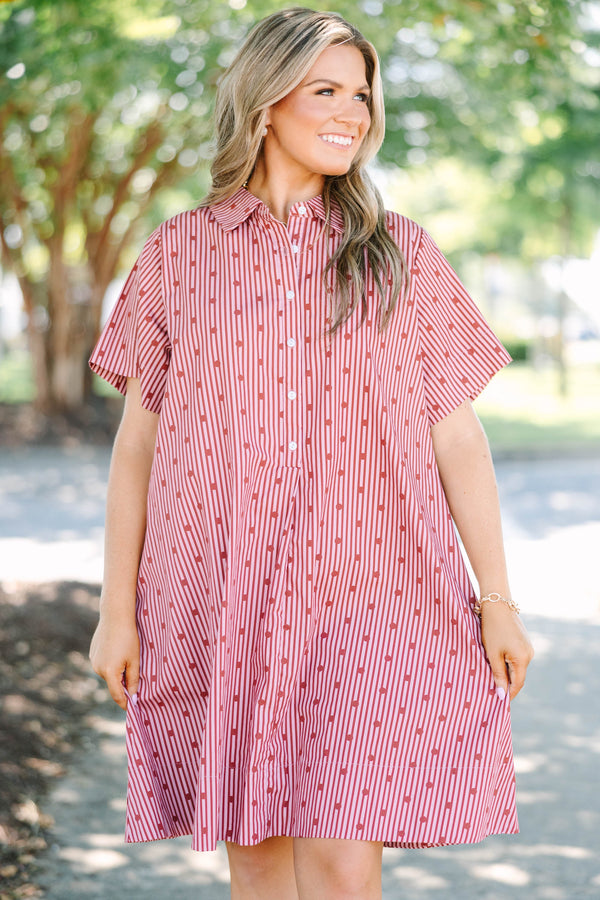 Plus Size red and white striped cotton shirt dress with short sleeves and a button-down collar.