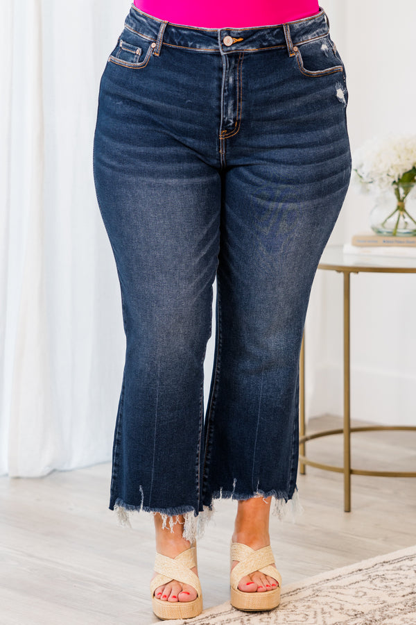 Chic Soul plus size clothing, dark wash ankle length denim jeans with distressed frayed hem