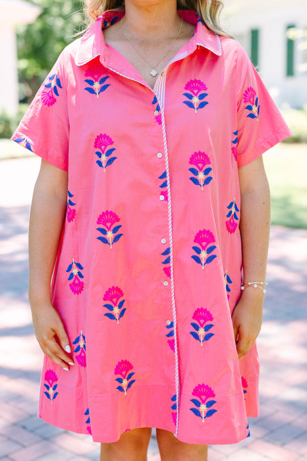 Plus Size pink button-down shirt dress with blue and magenta floral embroidery and short sleeves.