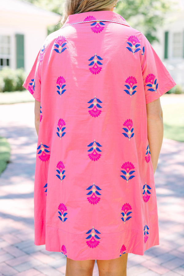 Plus Size pink button-down shirt dress with blue and magenta floral embroidery and short sleeves.