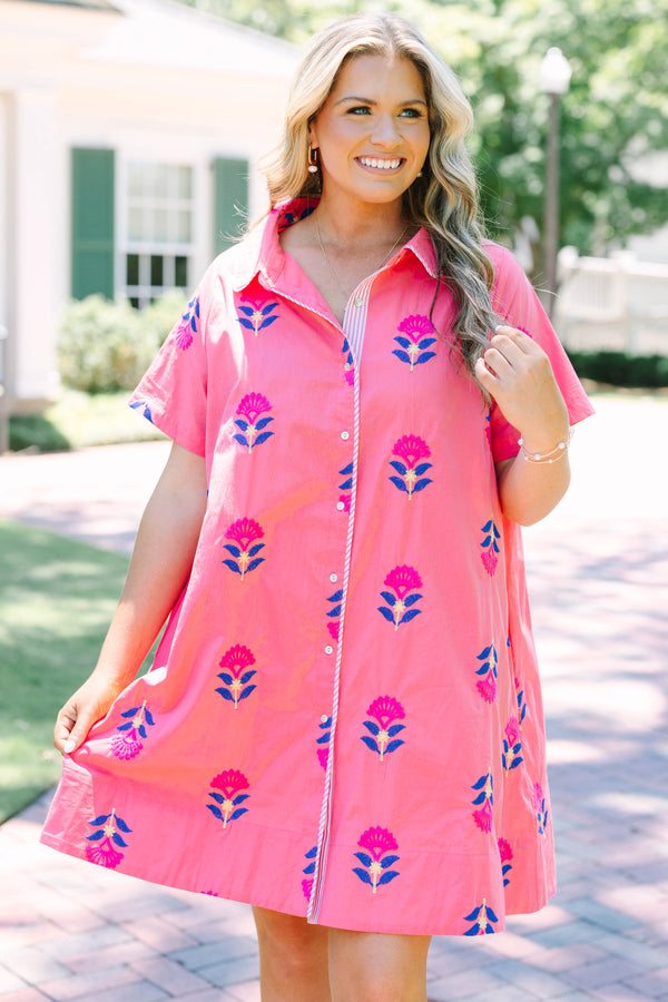 Plus Size pink button-down shirt dress with blue and magenta floral embroidery and short sleeves.