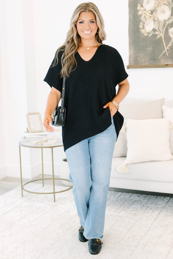 Plus size black Sweet Escape Sweater with a flowy fit, V-neck, and short sleeves.