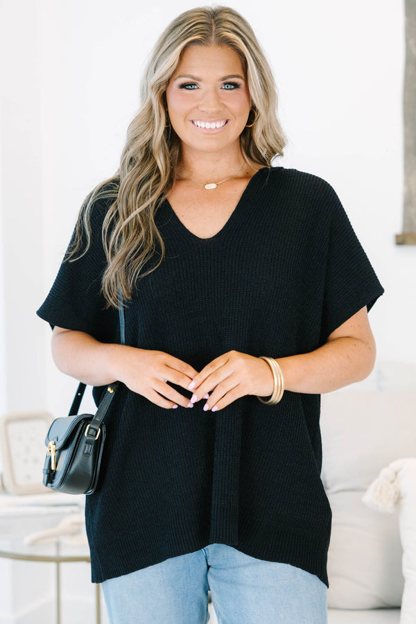 Plus size black Sweet Escape Sweater with a flowy fit, V-neck, and short sleeves.