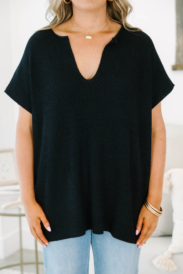 Plus size black Sweet Escape Sweater with a flowy fit, V-neck, and short sleeves.