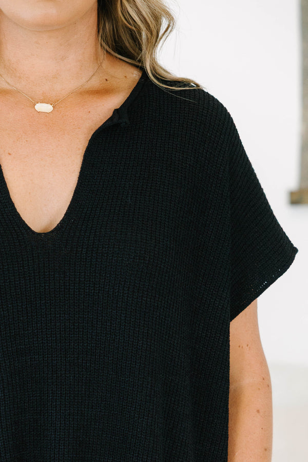 Plus size black Sweet Escape Sweater with a flowy fit, V-neck, and short sleeves.