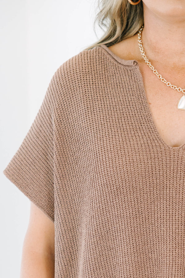 Plus size mocha sweater, featuring a flowy knit fit and v-neckline.