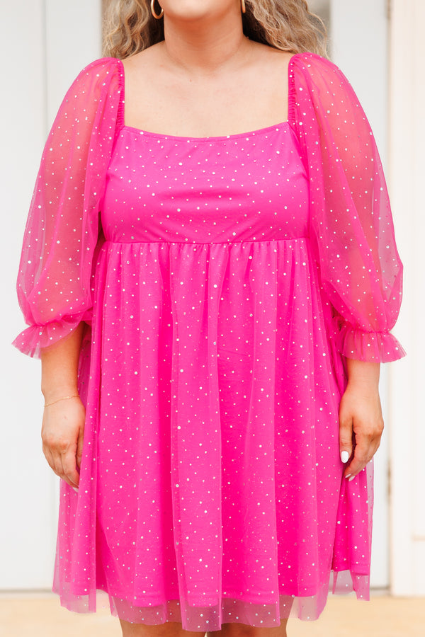Chic Soul plus size clothing, pink babydoll dress with sparkles and tulle design and sheer bubble sleeves