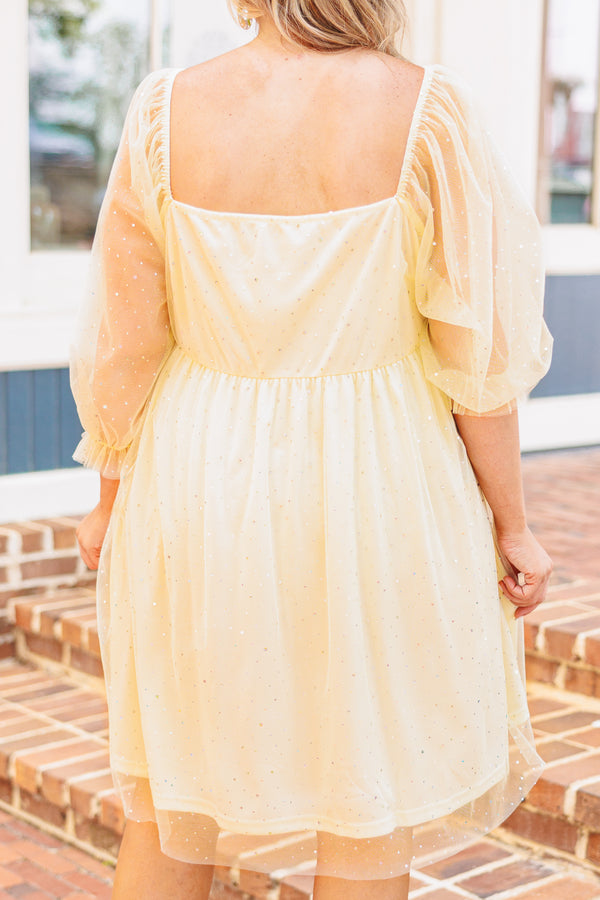 Chic Soul plus size clothing, yellow babydoll style dress with sheer and sequin detailing and bubble sleeves