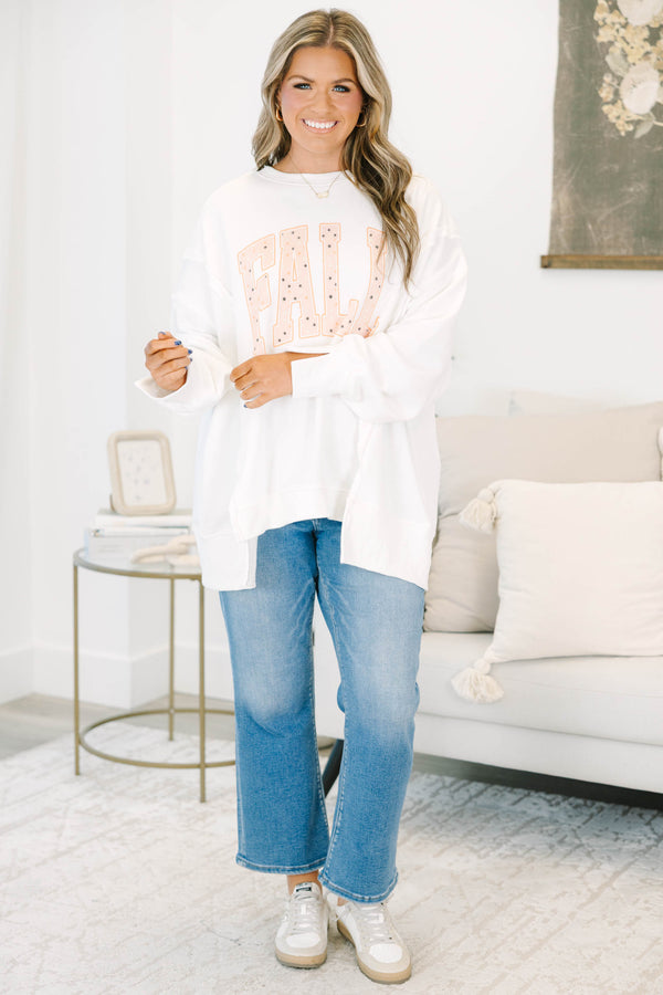 Plus Size ivory oversized crewneck sweatshirt with peach 'FALL VIBES' graphic and star details.
