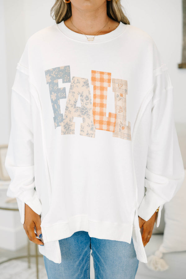 Plus Size ivory oversized crewneck sweatshirt with patchwork 