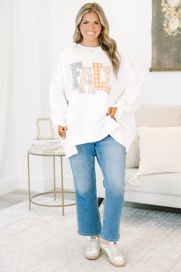 Plus Size ivory oversized crewneck sweatshirt with patchwork 