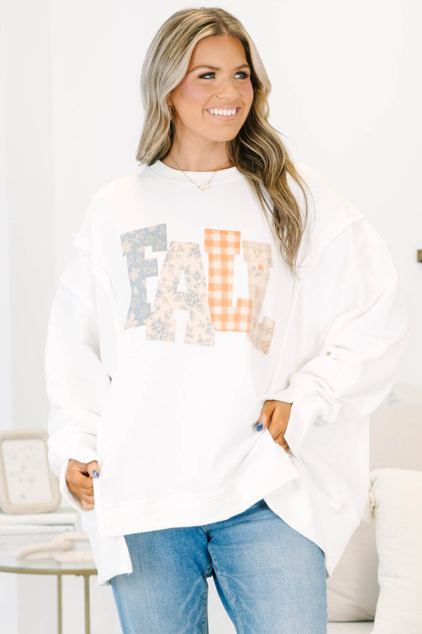 Plus Size ivory oversized crewneck sweatshirt with patchwork 
