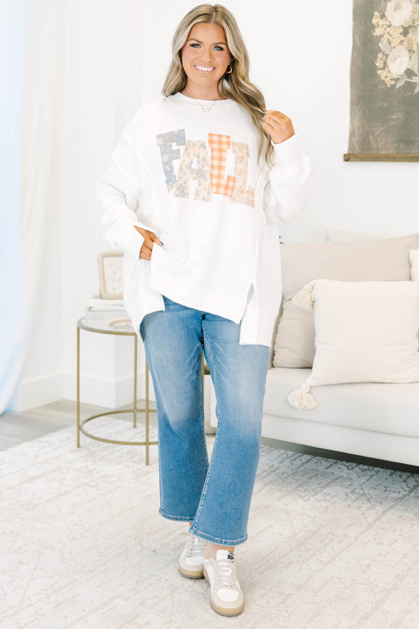 Plus Size ivory oversized crewneck sweatshirt with patchwork 