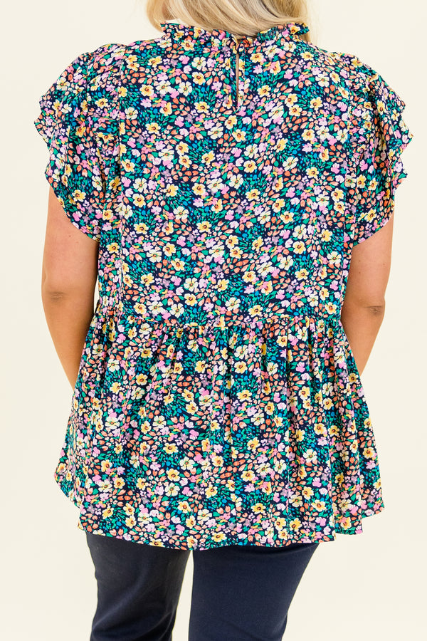Chic Soul plus size clothing, short-flutter-sleeve navy mix ruffled top with a ruffled mock-neck and multi-colored floral pattern