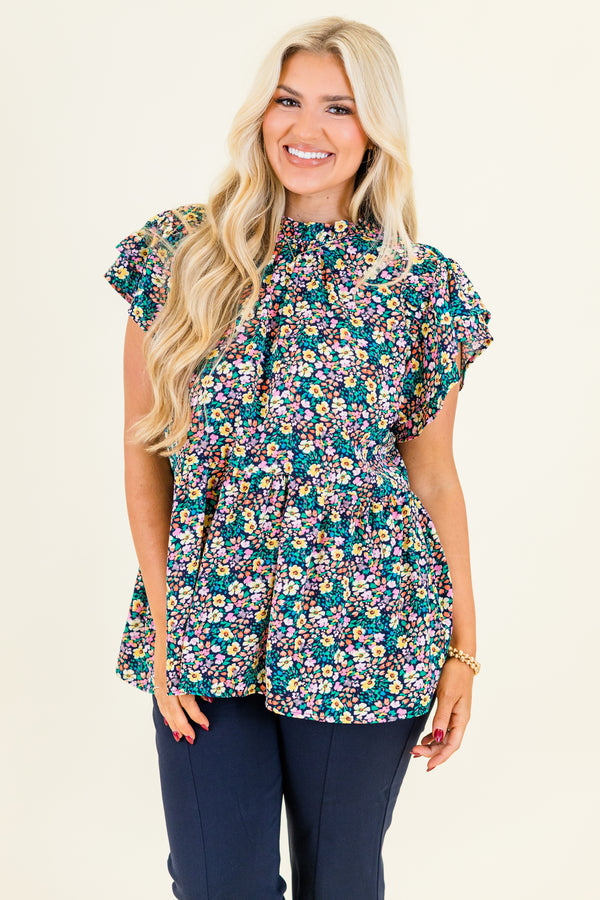 Chic Soul plus size clothing, short-flutter-sleeve navy mix ruffled top with a ruffled mock-neck and multi-colored floral pattern