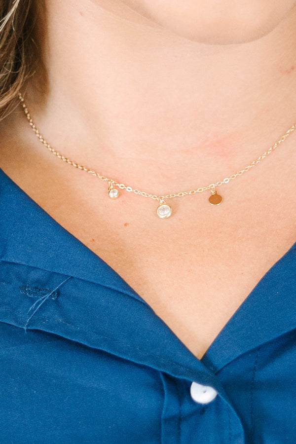 Plus Size dainty gold-plated cable chain necklace with bezel-set crystal drops and a coin pendant.