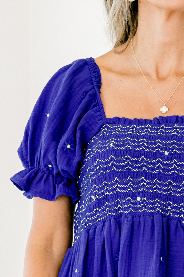 Chic Soul plus size clothing, cobalt blue short-bubble sleeve square neckline babydoll top with embroidered floral pattern and ruched bodice