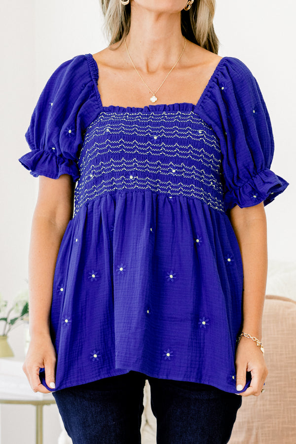 Chic Soul plus size clothing, cobalt blue short-bubble sleeve square neckline babydoll top with embroidered floral pattern and ruched bodice