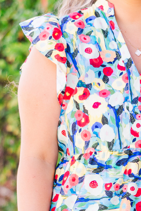 Chic Soul plus size clothing, sleeveless blue multi-colored midi dress with ruffles and v-neckline 