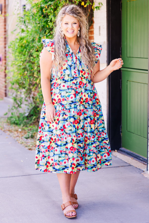 Chic Soul plus size clothing, sleeveless blue multi-colored midi dress with ruffles and v-neckline 