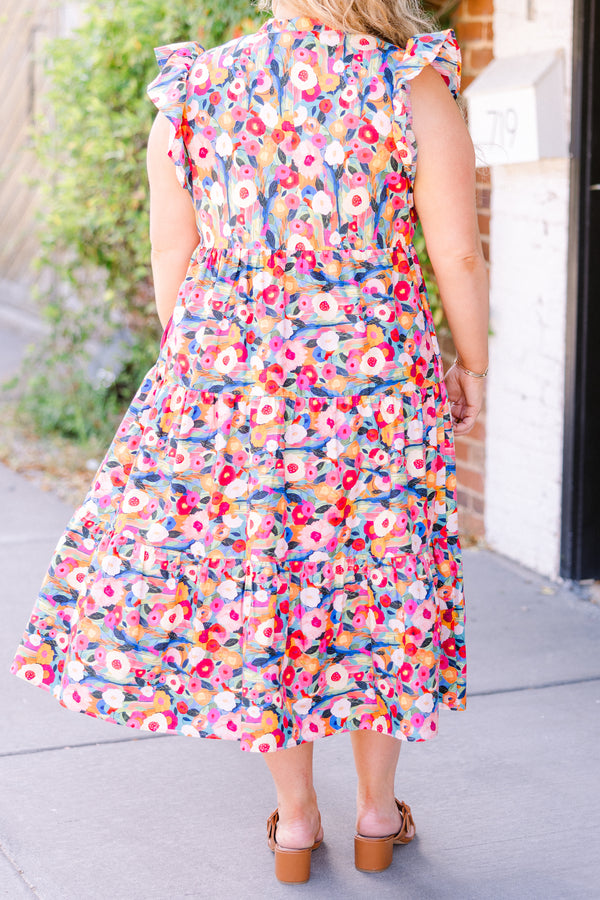 Chic Soul plus size clothing, pink multi short sleeve midi dress with multi floral pattern with ruffle detail on sleeves with v neckline