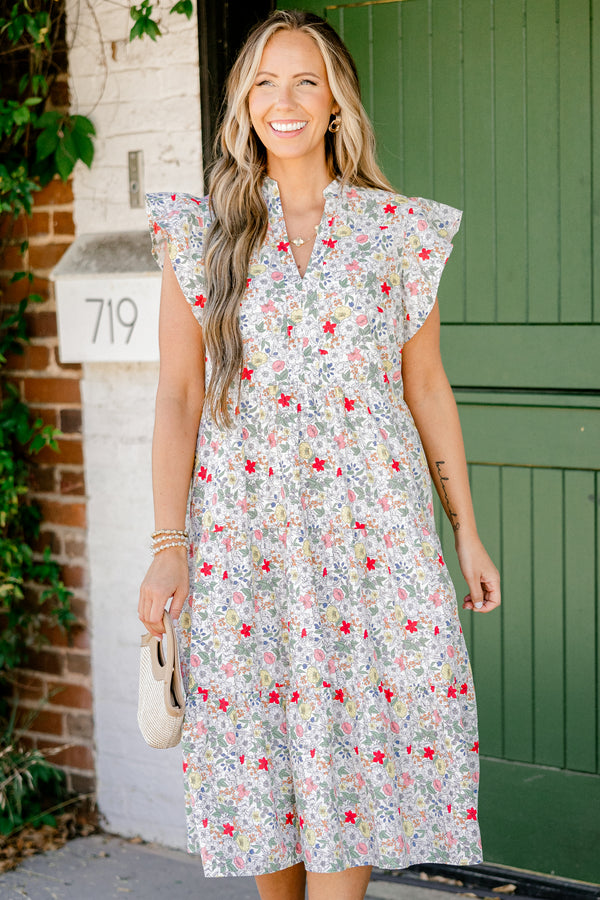 Chic Soul plus size clothing, red floral print midi dress with flutter sleeves