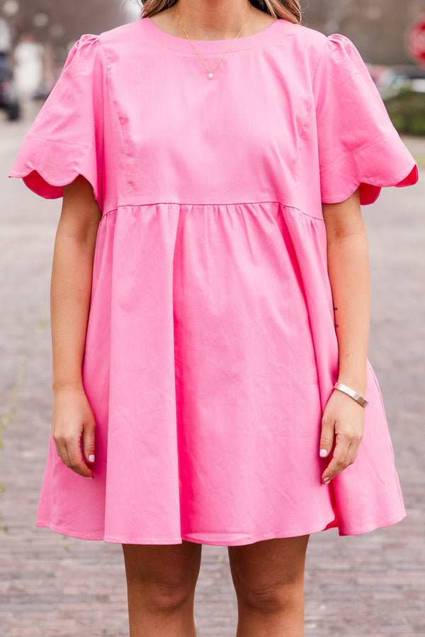 Chic Soul plus size clothing, pink short sleeve mini dress with scalloped sleeves