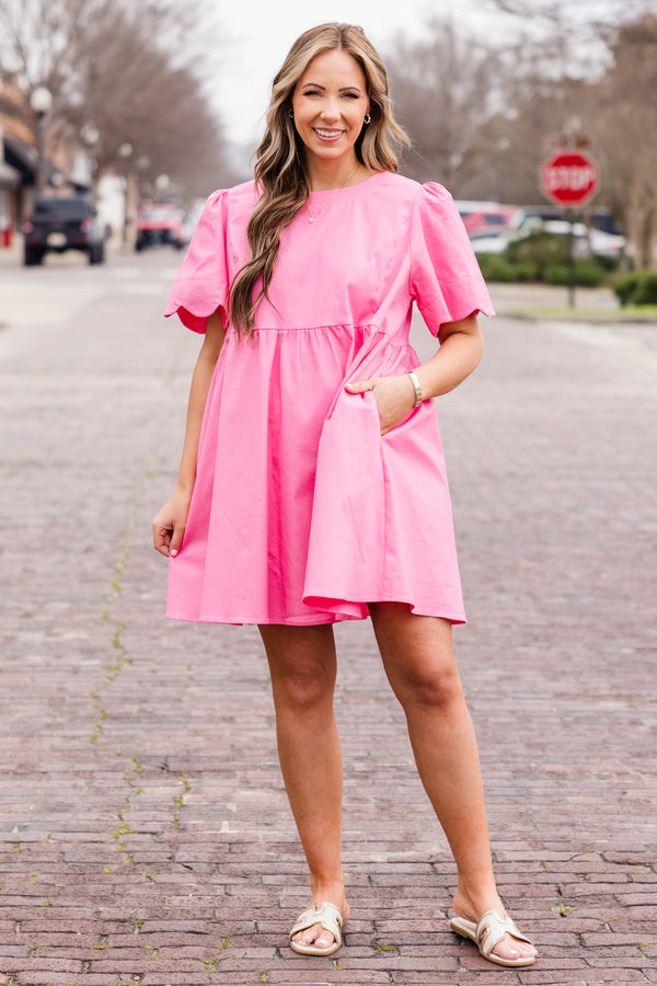 Chic Soul plus size clothing, pink short sleeve mini dress with scalloped sleeves