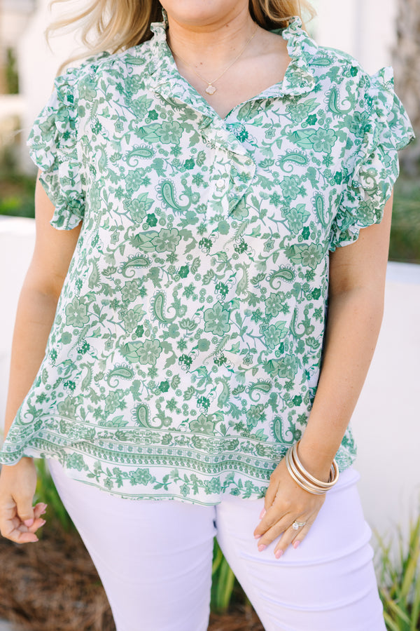 Chic Soul plus size clothing, green floral and paisley patterned short sleeve top with a button up neckline 