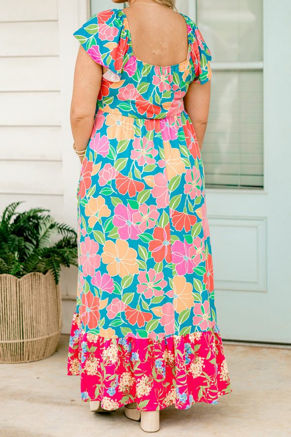 Chic Soul plus size clothing, short sleeve blue multi floral print maxi dress with v neckline with sinched waist detail with pink floral ruffle along the bottom