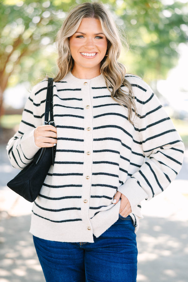 Plus Size oatmeal cardigan with black horizontal stripes, gold buttons, and a crew neckline.