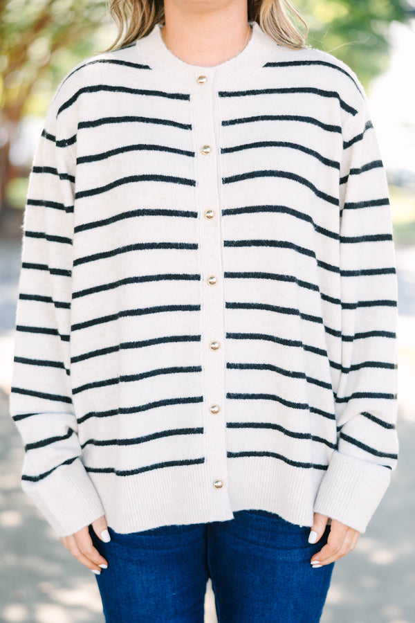 Plus Size oatmeal cardigan with black horizontal stripes, gold buttons, and a crew neckline.