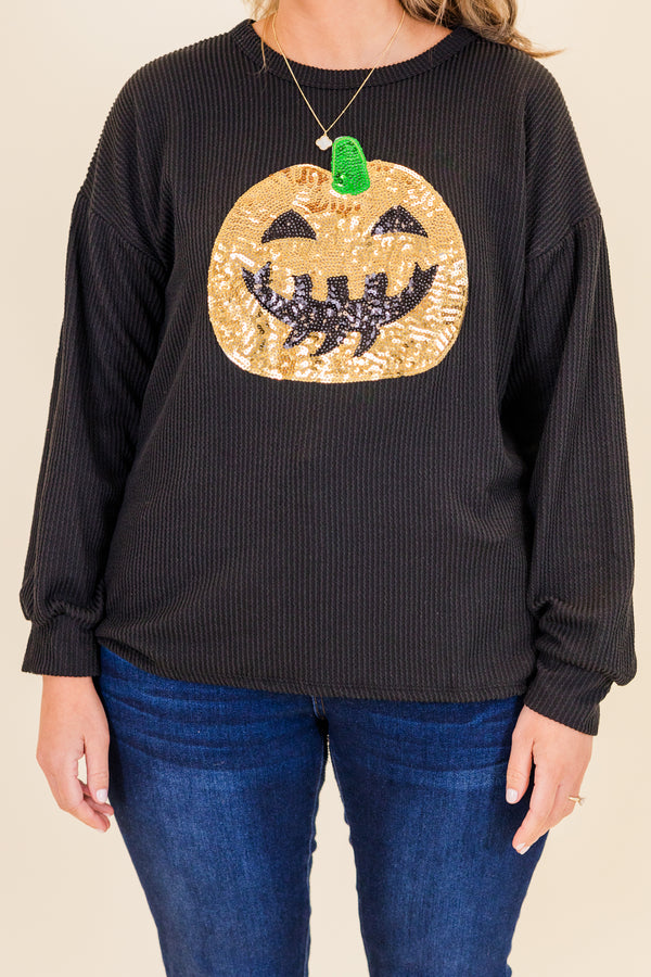 Chic Soul plus size clothing, black ribbed long sleeve pullover with sequin orange pumpkin jack-o-lantern detail