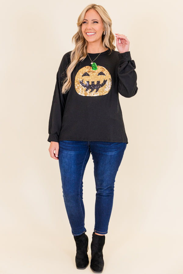 Chic Soul plus size clothing, black ribbed long sleeve pullover with sequin orange pumpkin jack-o-lantern detail