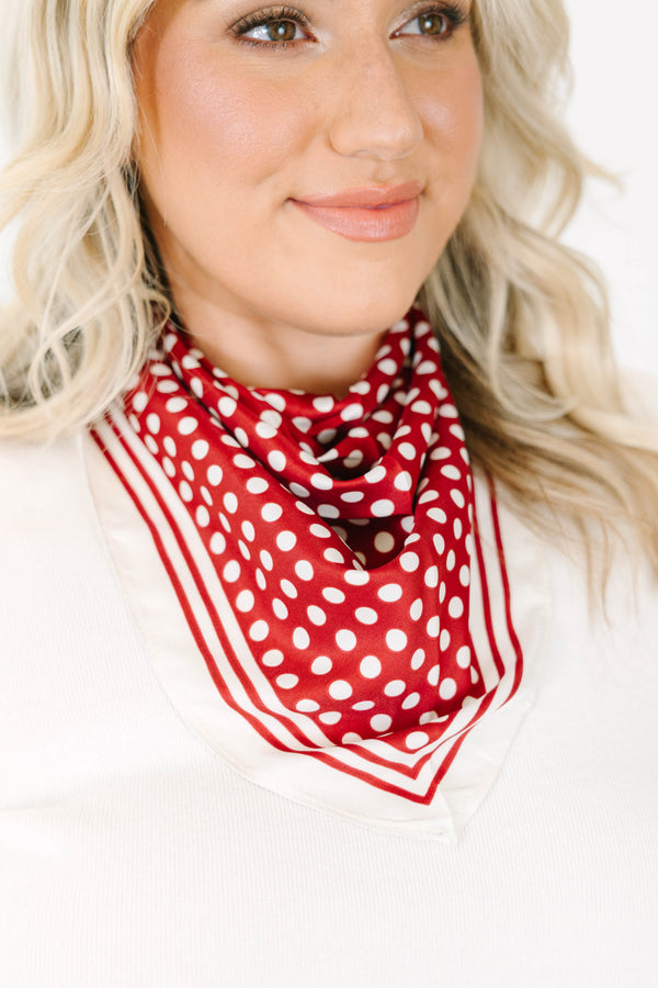 Plus Size red scarf with white polka dots and a striped border 