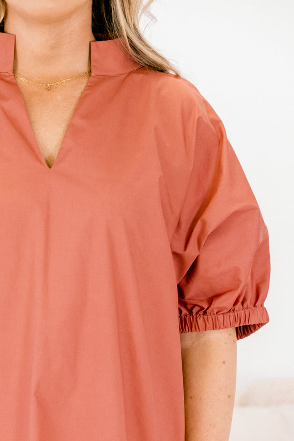 Chic Soul plus size clothing, burnt taupe brown short puff sleeve midi dress with v-neckline