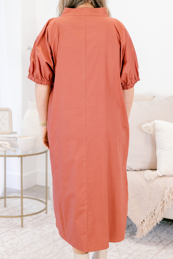 Chic Soul plus size clothing, burnt taupe brown short puff sleeve midi dress with v-neckline